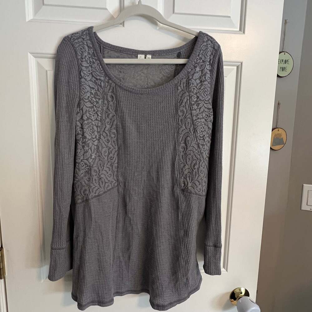 Anthropologie Eloise Gwyneira Gray Waffle‎ Knit Lace Thermal Tunic Top